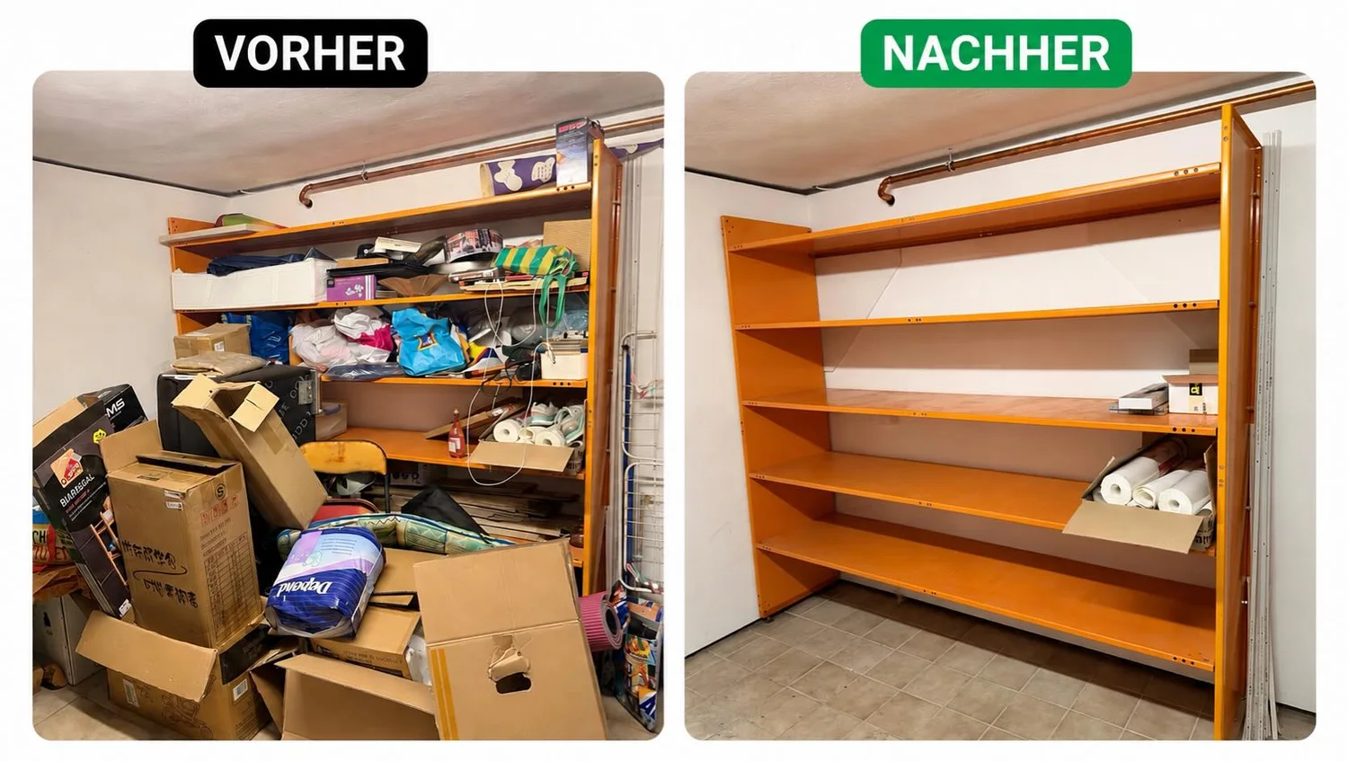 Vorher-Nachher-Vergleich eines geräumten Regalbereichs